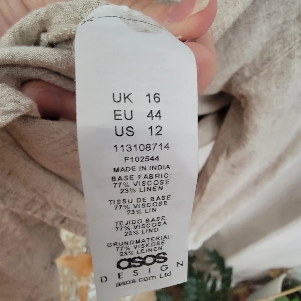 Asos Design Ltd Beige Button-Up Linen Blend Shirt Dress Sz 12 - Picture 5 of 7